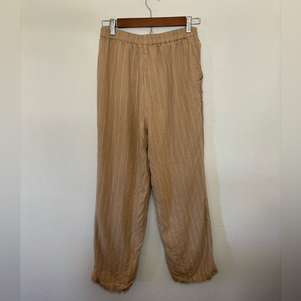 Skies Are Blue Small Tan Linen Cropped High Rise Pin Striped Pants‎ 73976 Latte - Picture 6 of 11
